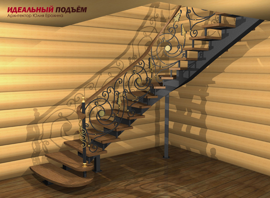 Проект деревянной лестницы с кованым ограждением